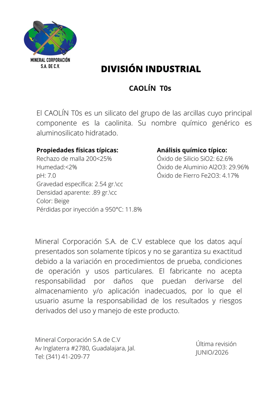 Vista previa ficha técnica Caolín T0s