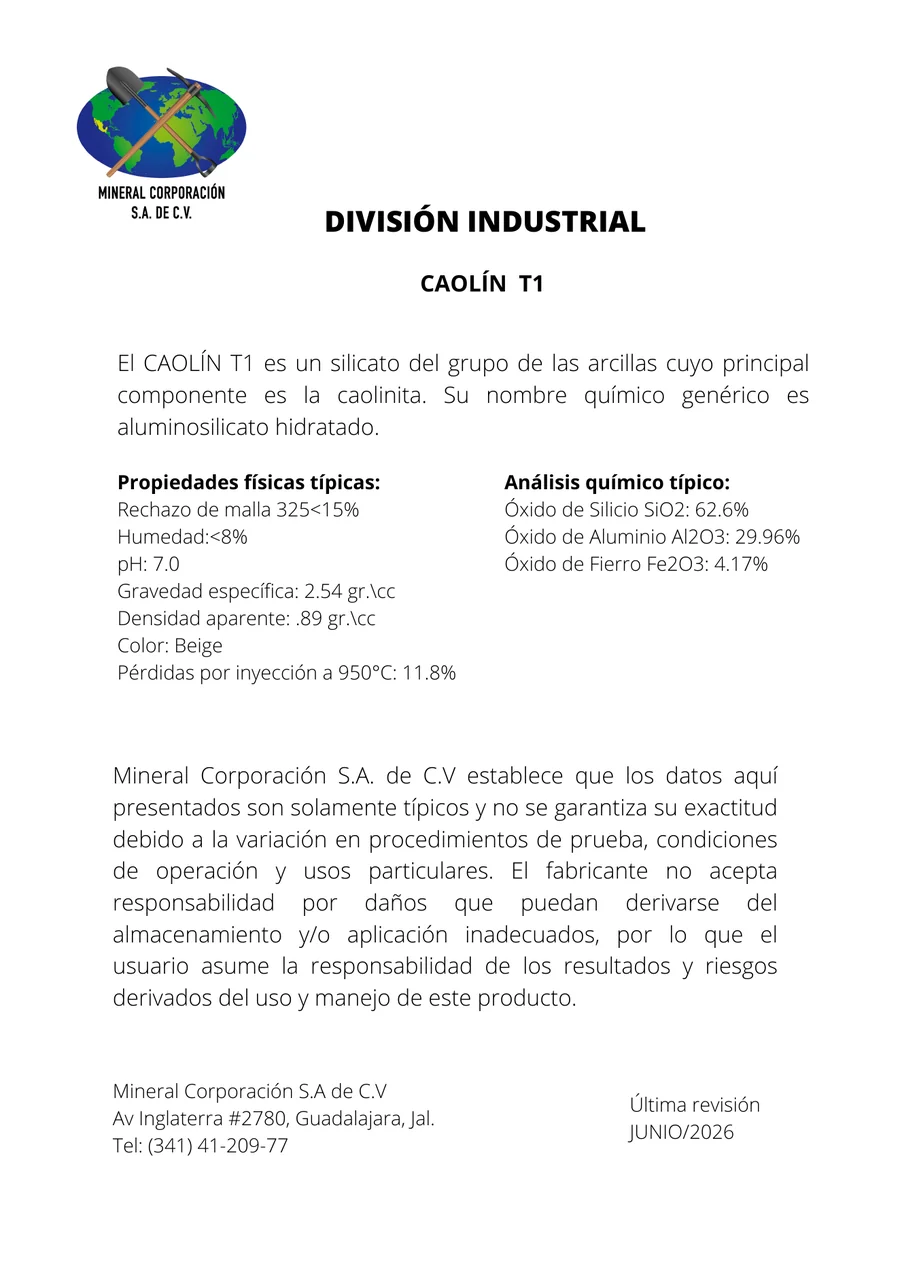Vista previa ficha técnica Caolín T1